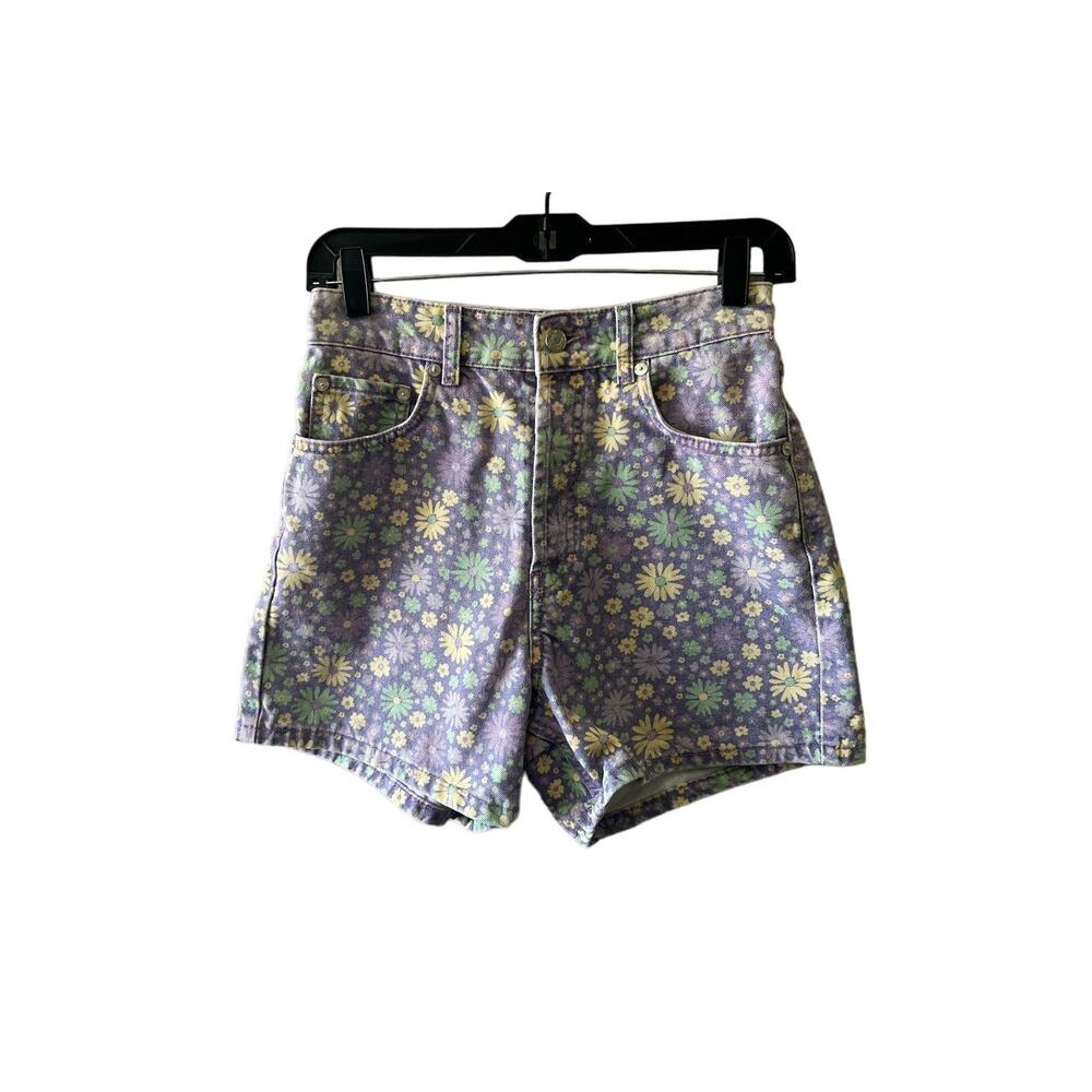 Zara Purple Floral Printed Straight Fit High Waisted Denim Shorts size 4